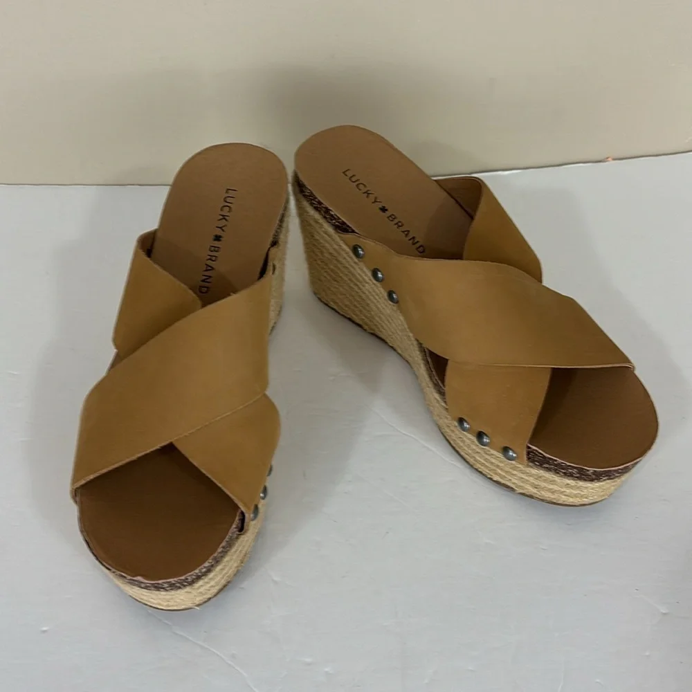 Lucky Brand LK-Neeka Tan Leather Platform Wedges Espadrilles 8.5 NWT